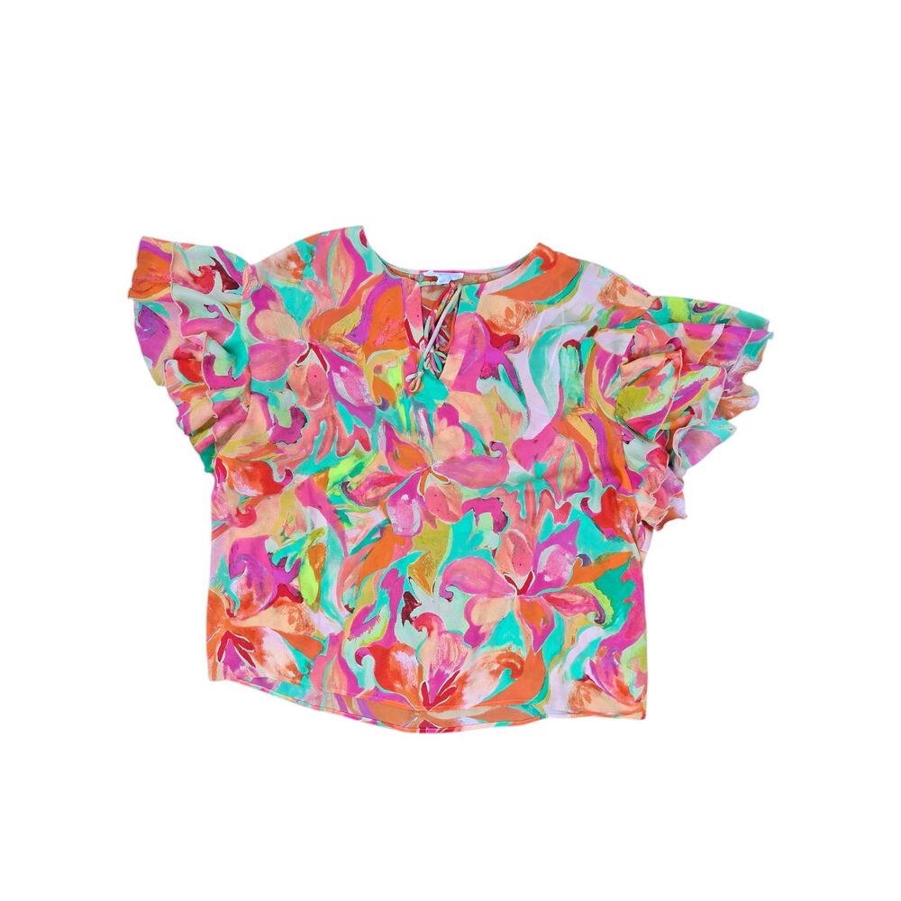 Cynthia Rowley Plus Size 2X Abstract Floral Ruffle Sleeve Top - Vibrant Boho